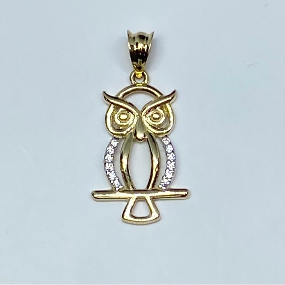 Solid 14K Gold Owl Diamond Crystals Pendant Charm